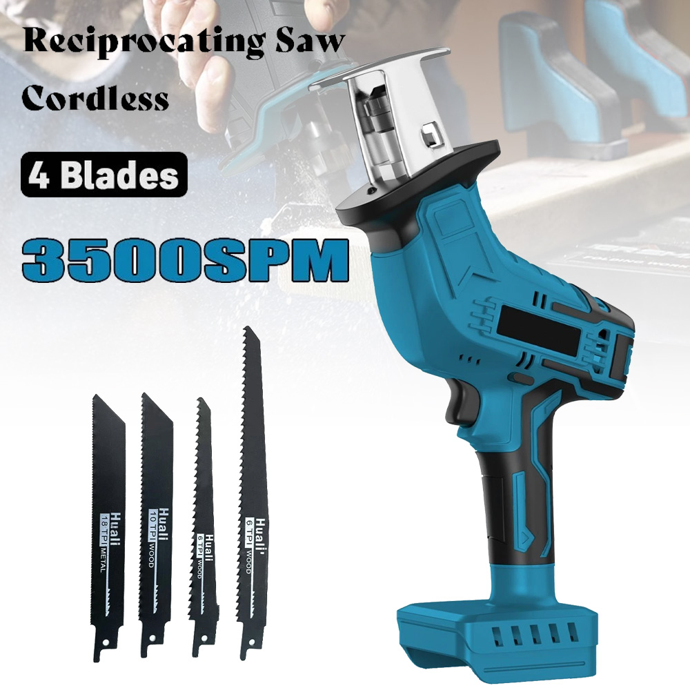 Metal Saw Reciprocating - เลื่อยลูกสูบไร้สายสำหรับแบตเตอรี่มากีต้า 18V, ชุดใบเลื่อย 4 ใบ เครื่องมือตัดสำหรับไม้