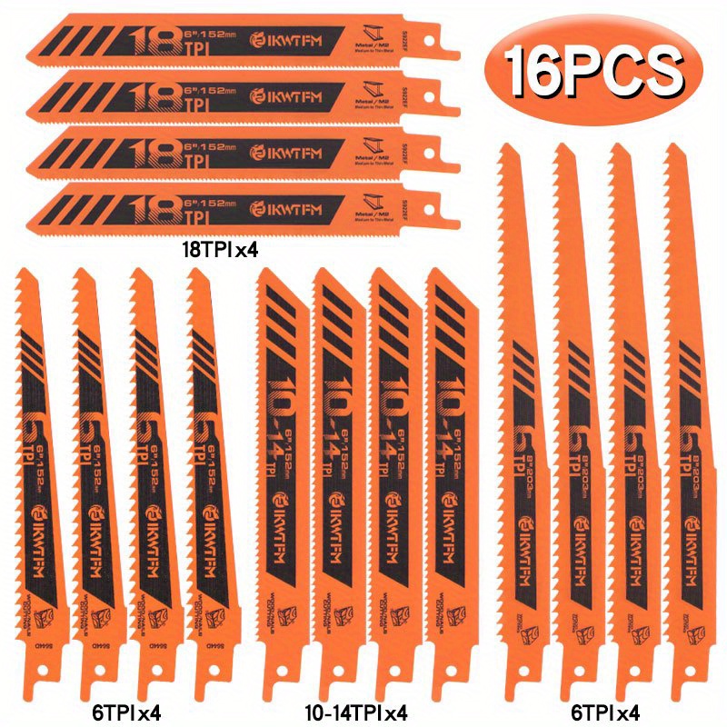 Metal Saw Reciprocating - ชุดใบเลื่อย 16 ชิ้น/ชุด สำหรับเลื่อยโลหะและไม้ ใบเลื่อยอเนกประสงค์แบบใบตายตัว ใบเลื่อยวงเดือนสำหรับตัดกระจก